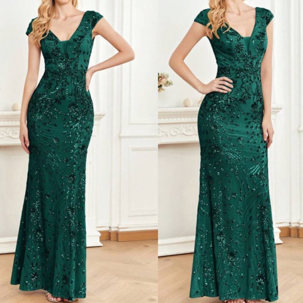 Luxe V neck sequin formal evening party dress - Picture 1 of 9